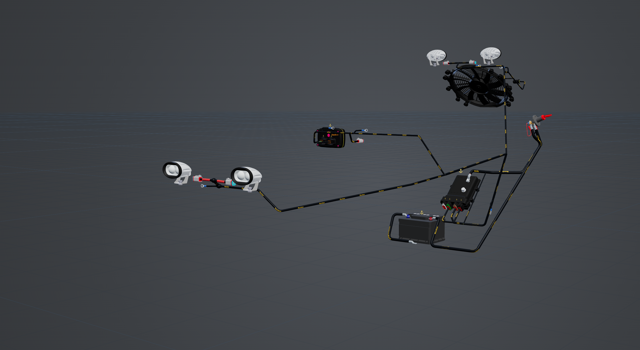 The same 3D assembly with the chassis hidden, revealing the complete harness and its lights, fan, battery and control components.