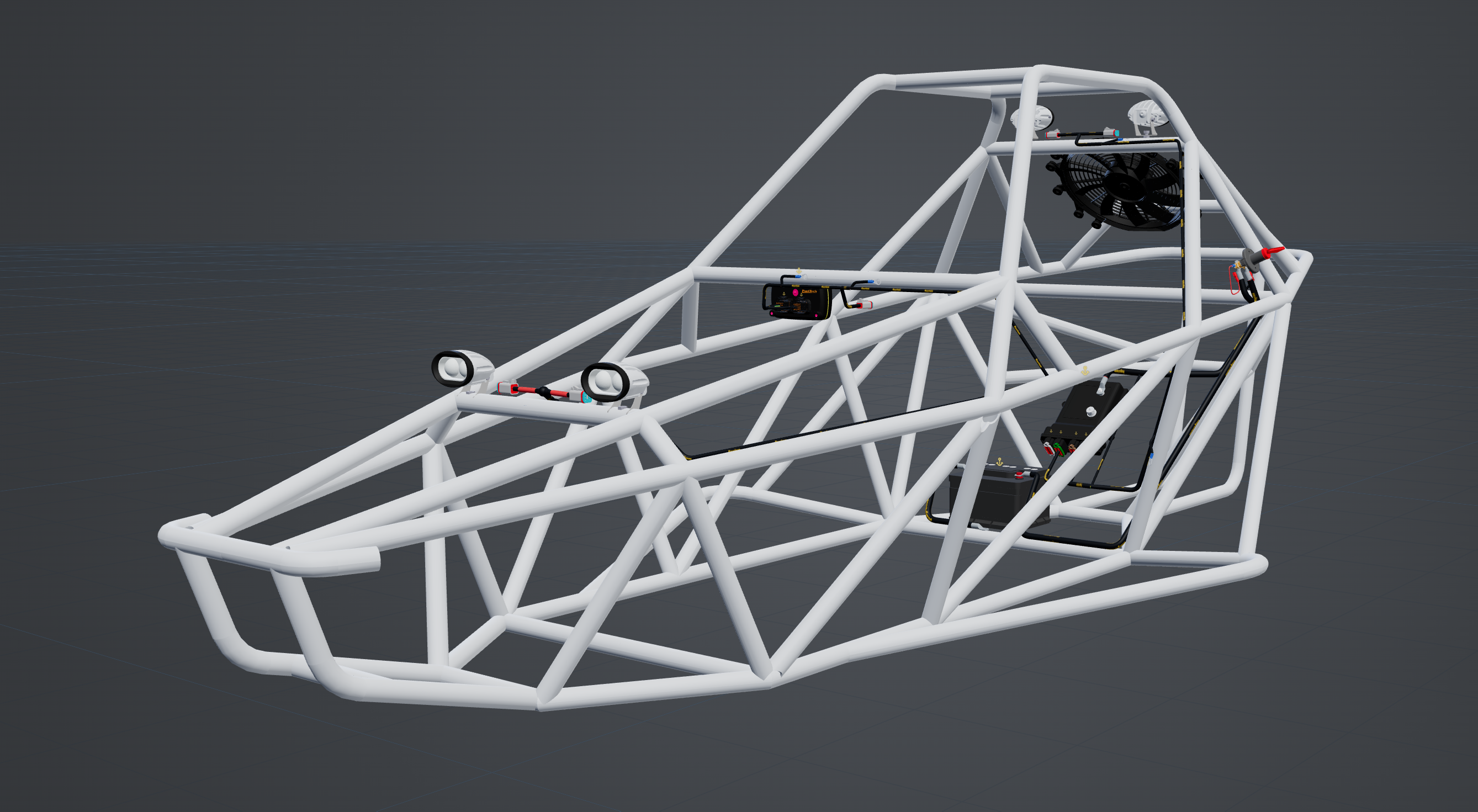 3D harness routed around the white tubular chassis, with lights, fan, battery and control components in position.