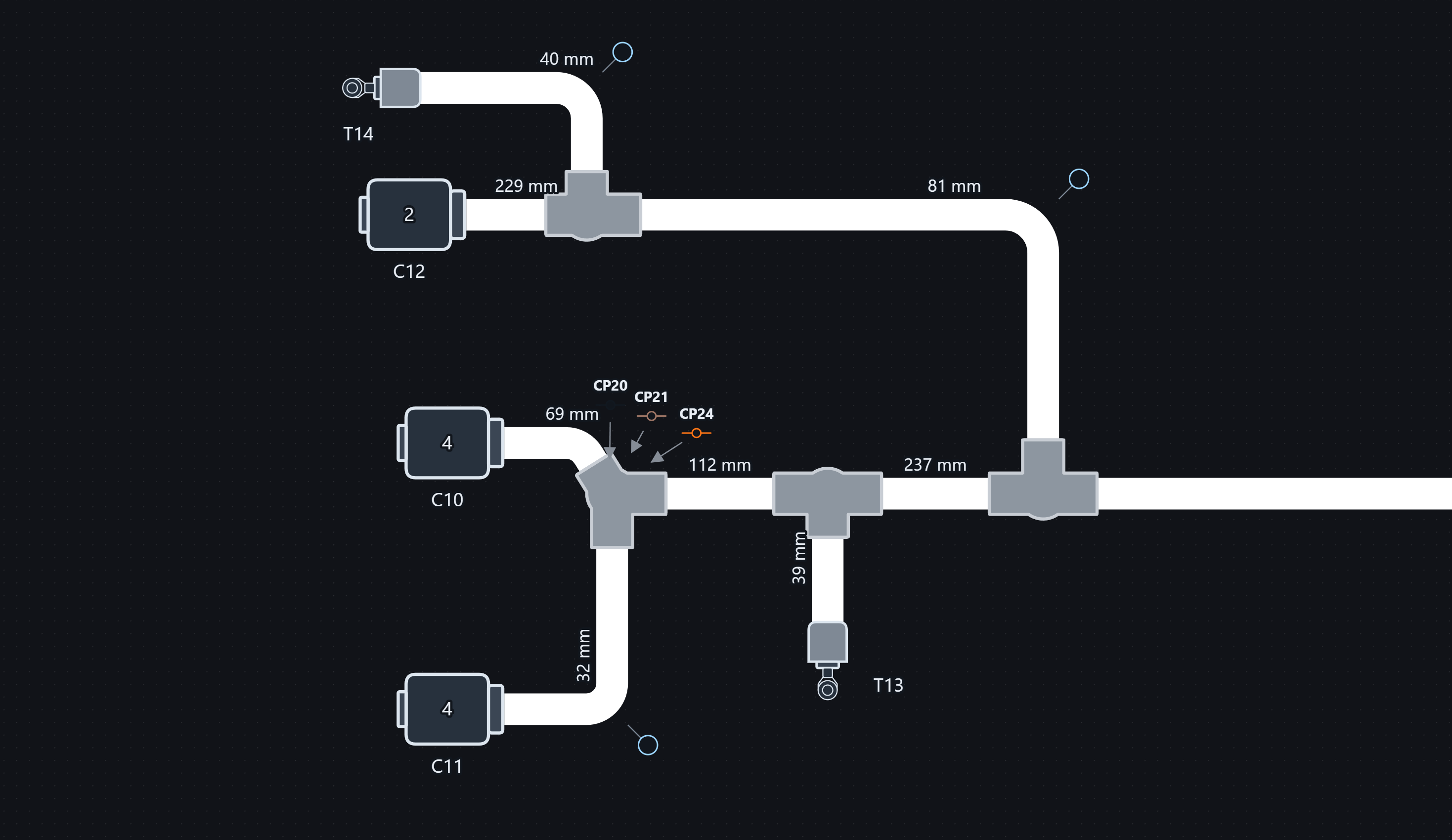2D harness branch with white covering, connectors C10, C11 and C12, terminals T13 and T14, branch fittings and length dimensions.
