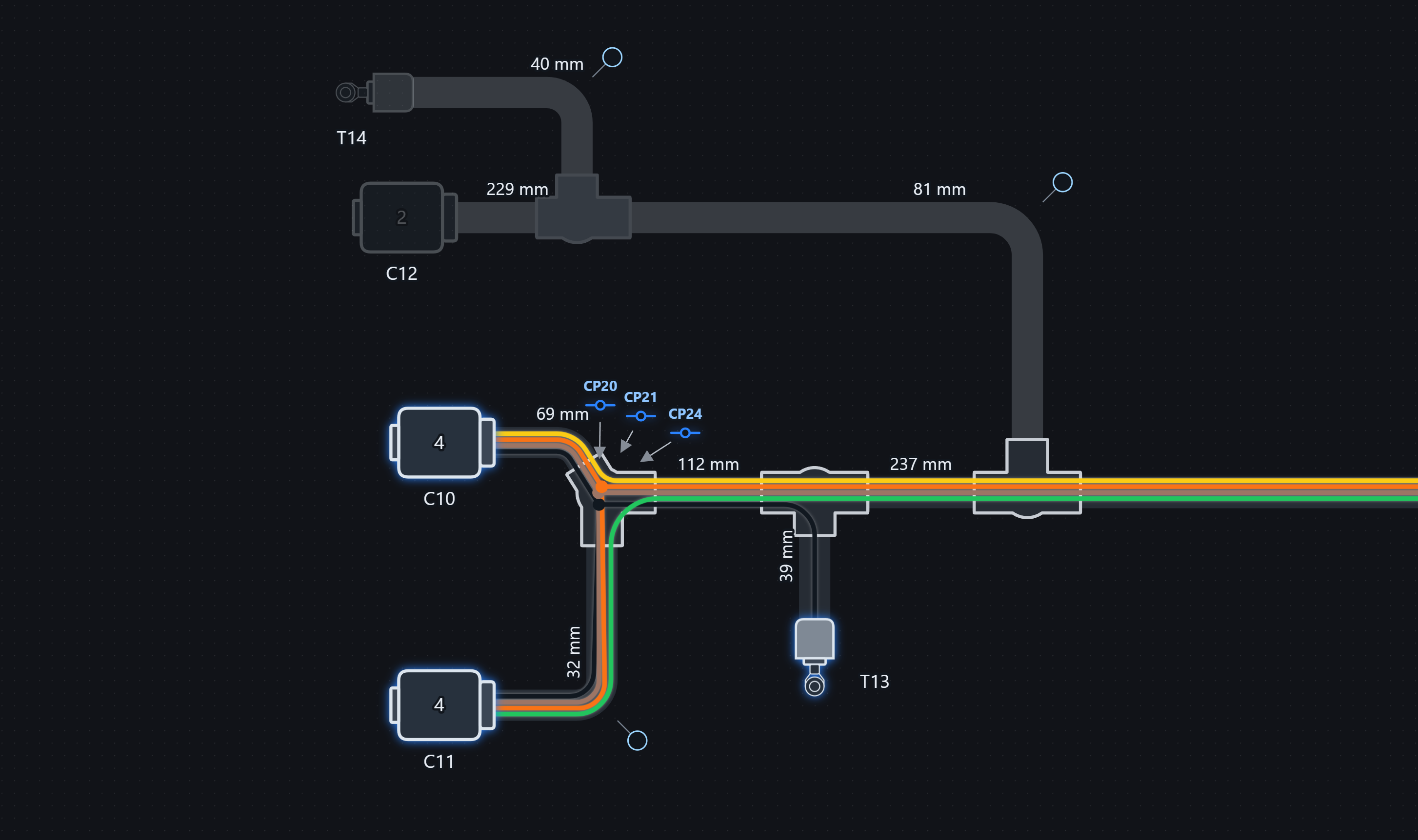 The same 2D branch with coloured conductors exposed between C10, C11 and T13, and junctions CP20, CP21 and CP24 highlighted.