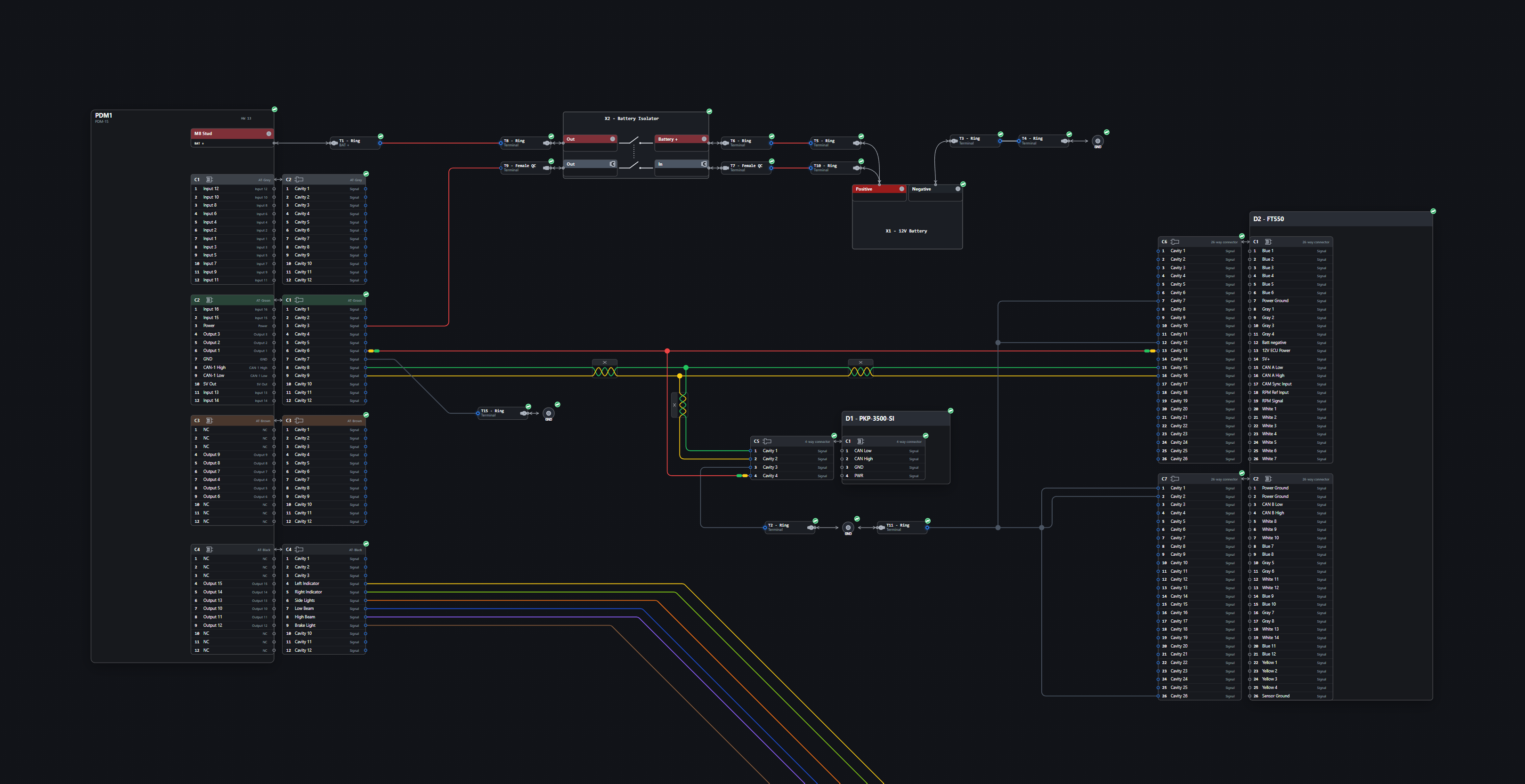 The vehicle schematic in dark mode, with coloured circuits on a charcoal canvas and dark component panels.
